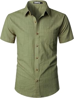 Men's Fitted Cotton Like Linen Casual Short Sleeve Button Up Shirts Lightweight Beach Tops with Pocket