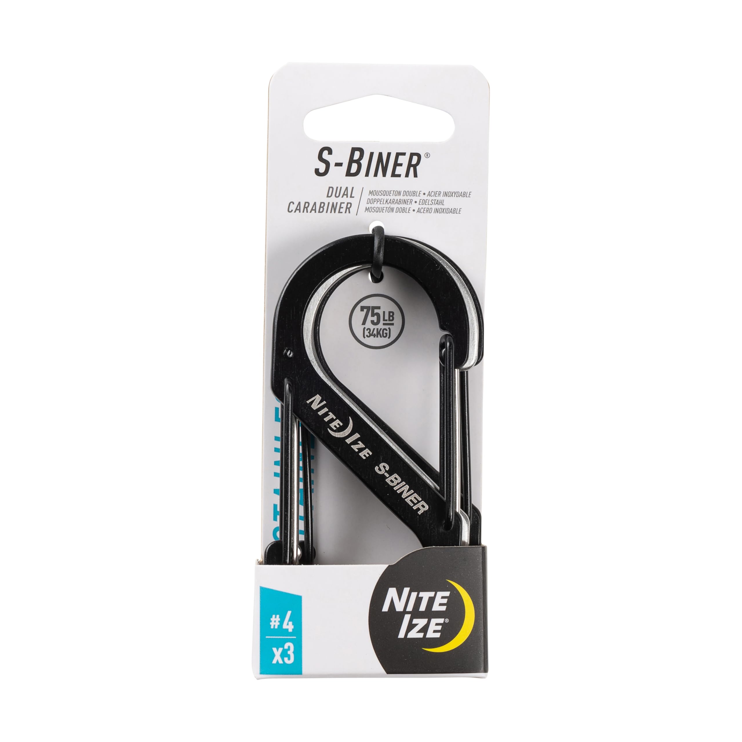Nite Ize S-Biner Stainless Steel Dual Carabiner - Multi Purpose Dual Carabiner Clip - Great for Camping Supplies & Hiking Essentials - Secure Key Holder - Size 4, Black/Stainless Steel (3 Pack)