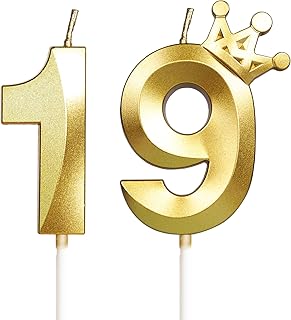 19th Birthday Candles for Cake, Number 19 Gold Candles with Crown, 3D Design Birthday Cake Topper for Women Men Birthday Party Wedding Anniversary Celebration Decorations Supplies