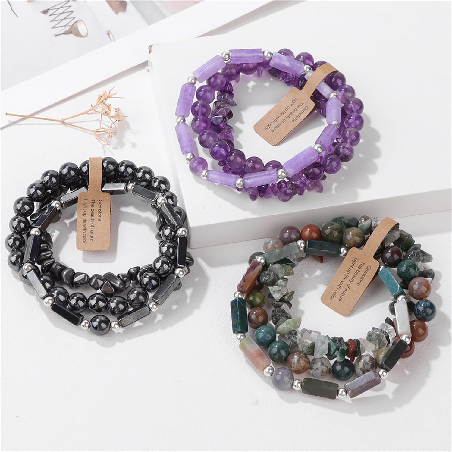 3Pcs Natural Stone Bracelets for Women 8mm Crystal Beaded Bracelets Handmade Stretch Bracelet Healing Crystal Jewelry for Women - Image 6