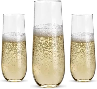 48 Pack Stemless Flat-Bottom Plastic Champagne Flutes, 9oz Disposable Mimosa Glasses Clear, Shatterproof & Recyclable Ideal for Weddings, Parties, Outdoor Events