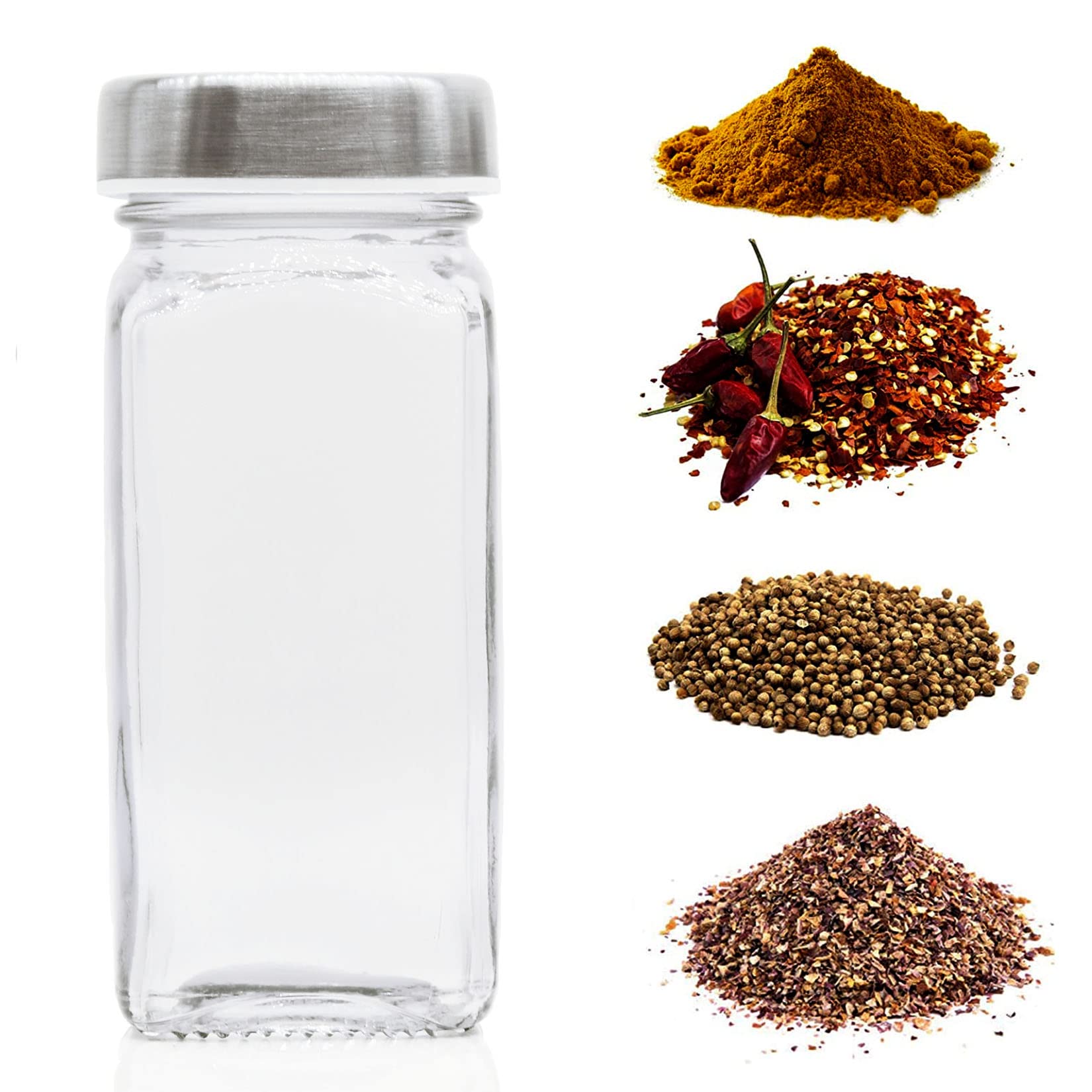 6 tarros de especias, botellas de condimento de vidrio de 4 onzas, recipiente de especias, tarros de especias vacíos, botellas cuadradas para especias con tapas herméticas de acero inoxidable con tapa