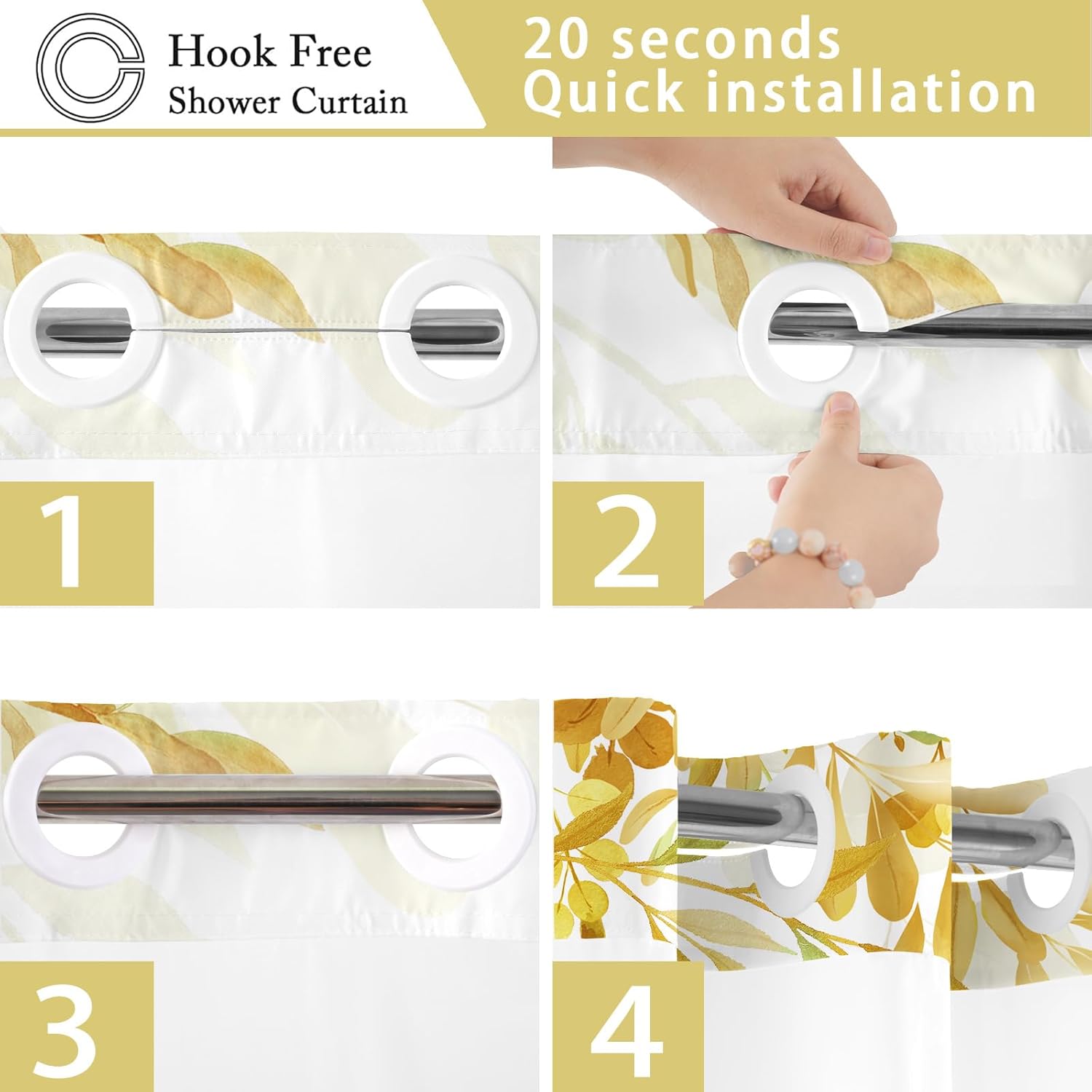 No Hook Shower Curtain with Snap in Liner Set, Yellow Hummingbird Eucalyptus Design, Waterproof Fabric Floral Shower Curtains for Bathroom Decor with See Through Mesh Top Window 71x84 Inch