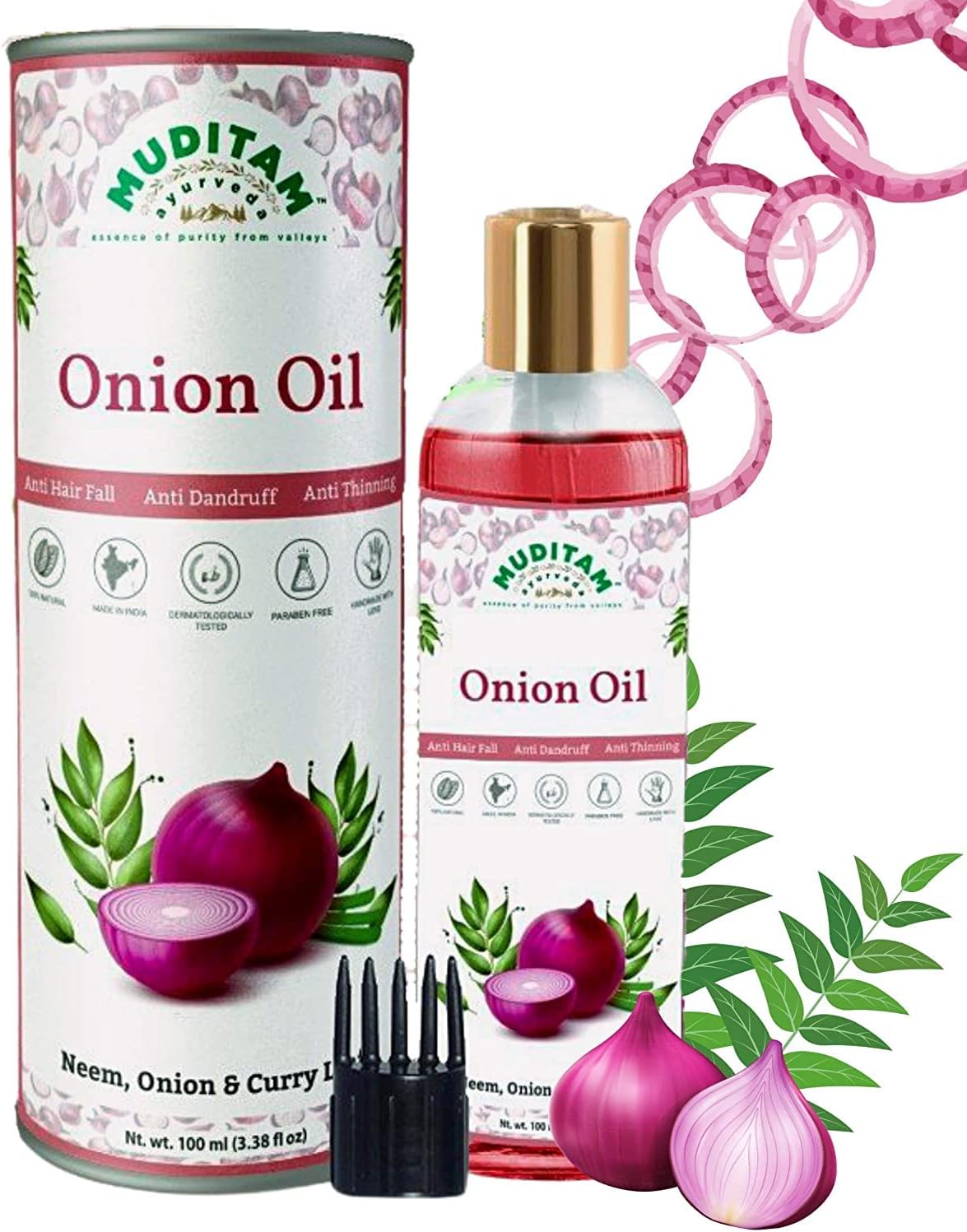 Muditam Ayurveda Onion Hair oil for hair growth with Onion, Curry leaf & Neem | Helps To Delay Early Greying of Hair | Pack of 1 | 100 ml (Pack of 1 (100 ml))