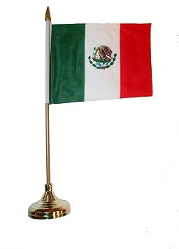 Mexico Small 4 X 6 Inch Mini Country Stick Flag Banner with GOLD STAND on a 10 Inch Plastic Pole New
