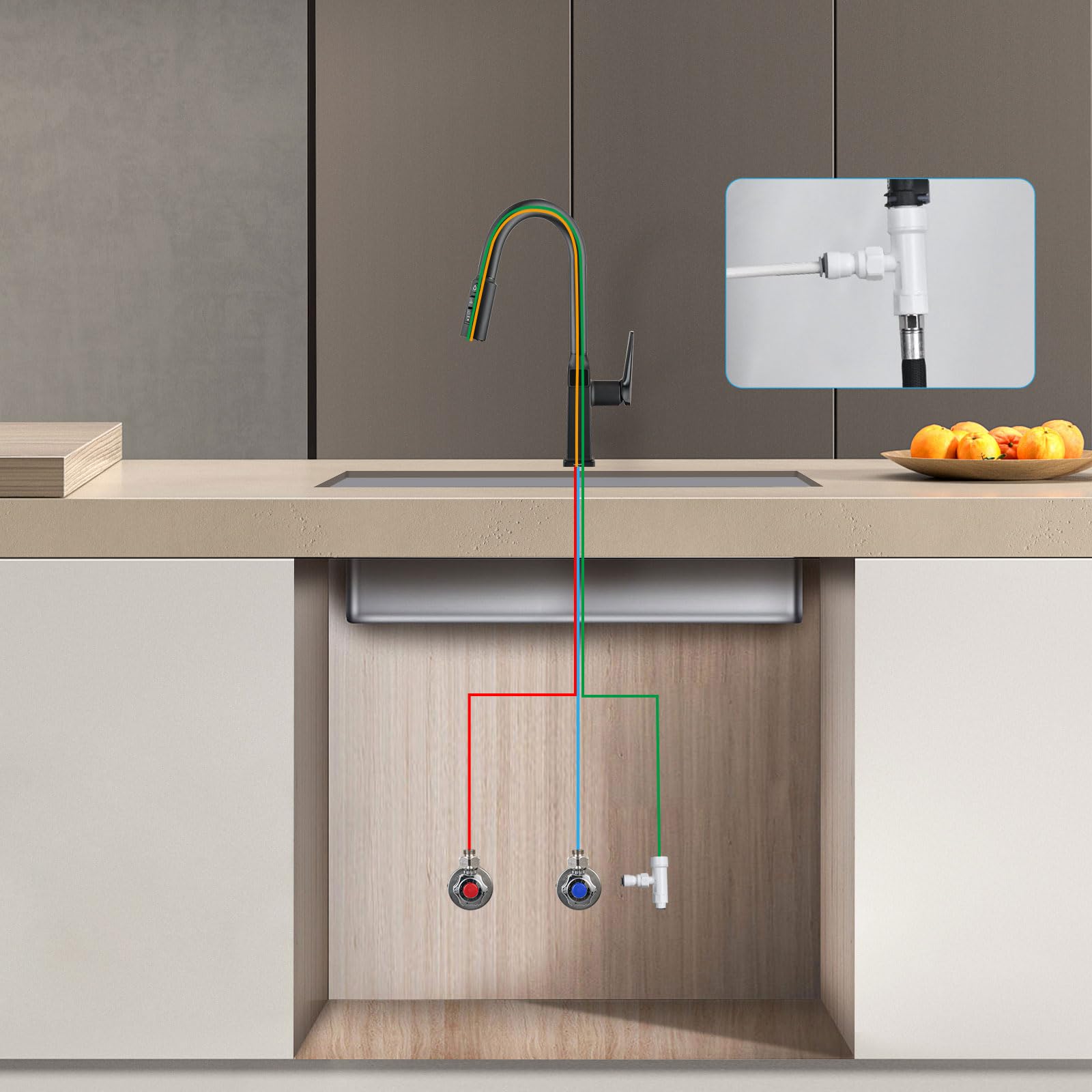 Grifo de Cocina 3 Vías Negro Extensible con Indicador Temperatura LED | Grifo Osmosis 3 vias LakeBayMZC, Grifo Monomando para Fregadero, Giratorio 360°, Acero Inoxidable 304 para Cocina, Baño Bar