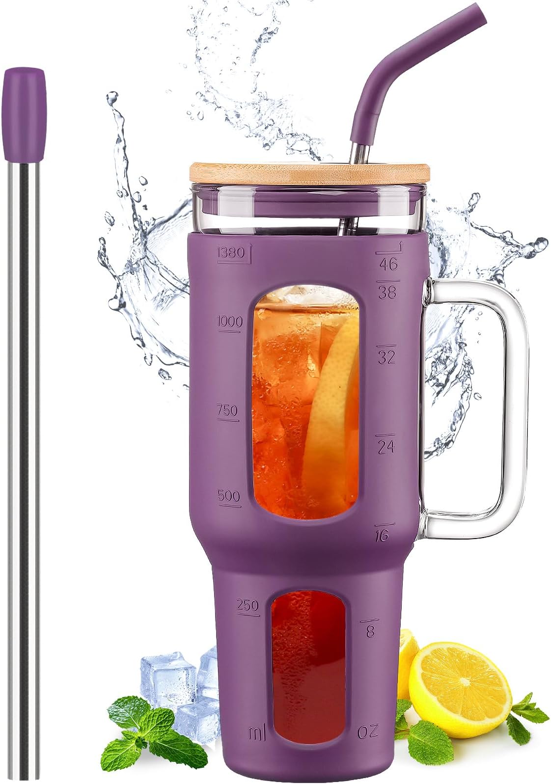 - Glass Tumbler with Lid and Straw, 46 oz Iced Coffee Cup with Handle, Glass Water Bottles with Silicone Sleeve, BPA Free-Dark Purple