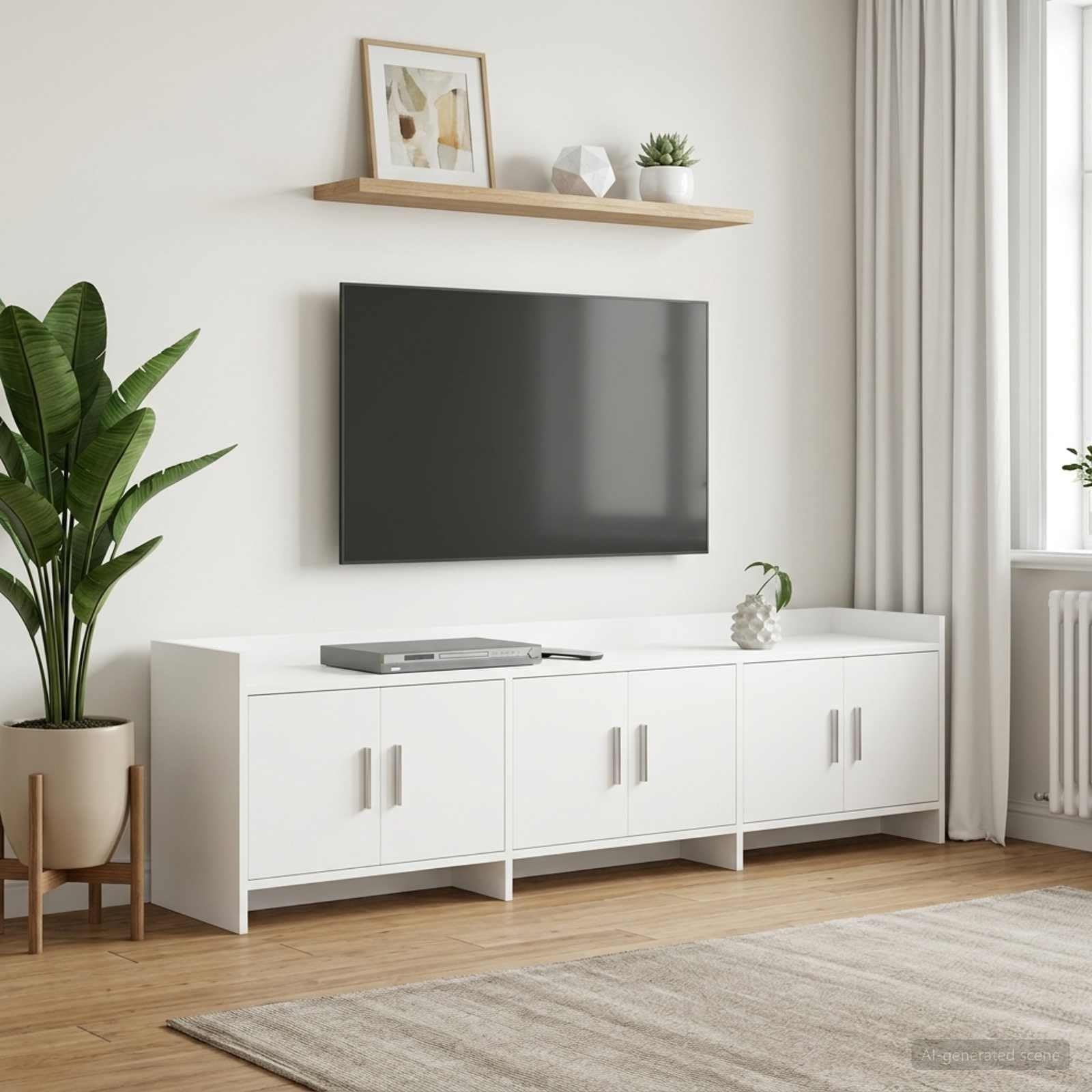 Szafka pod telewizor biała z materiału drewnopochodnego, 168 x 33 x 47 cm, niska szafka z 6 drzwiami, stolik pod telewizor i szafka pod telewizor do salonu, obszar mediów, zajmuje mało