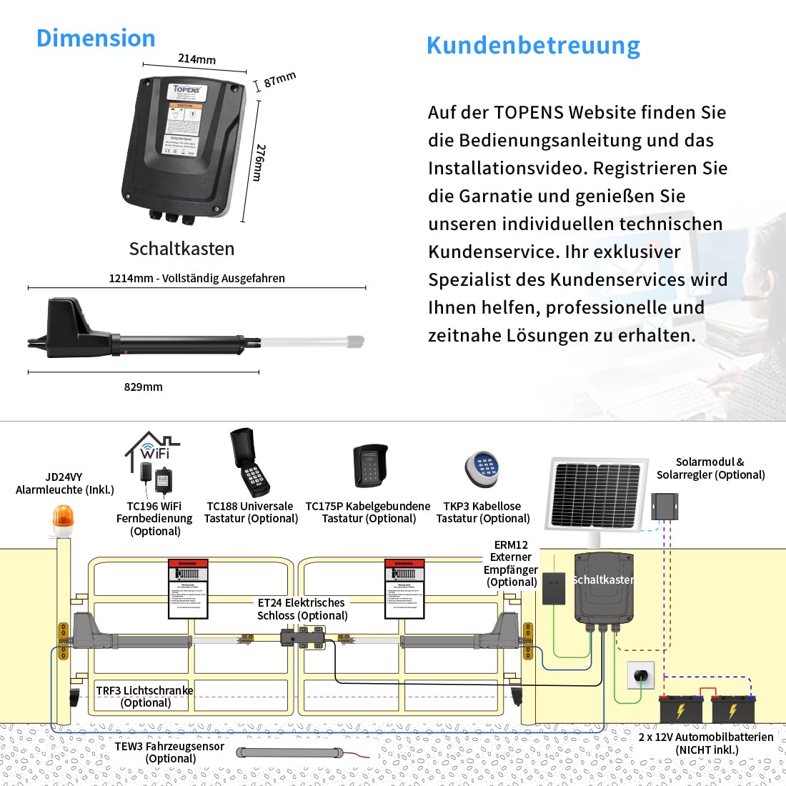 TOPENS AT1202 Drehtorantrieb Flügeltorantrieb Doppelflügeltor automatischer Torantrieb Toröffner Automatik max. 5,5m oder 400kg pro Flügel mit 2 Fernbedienungen
