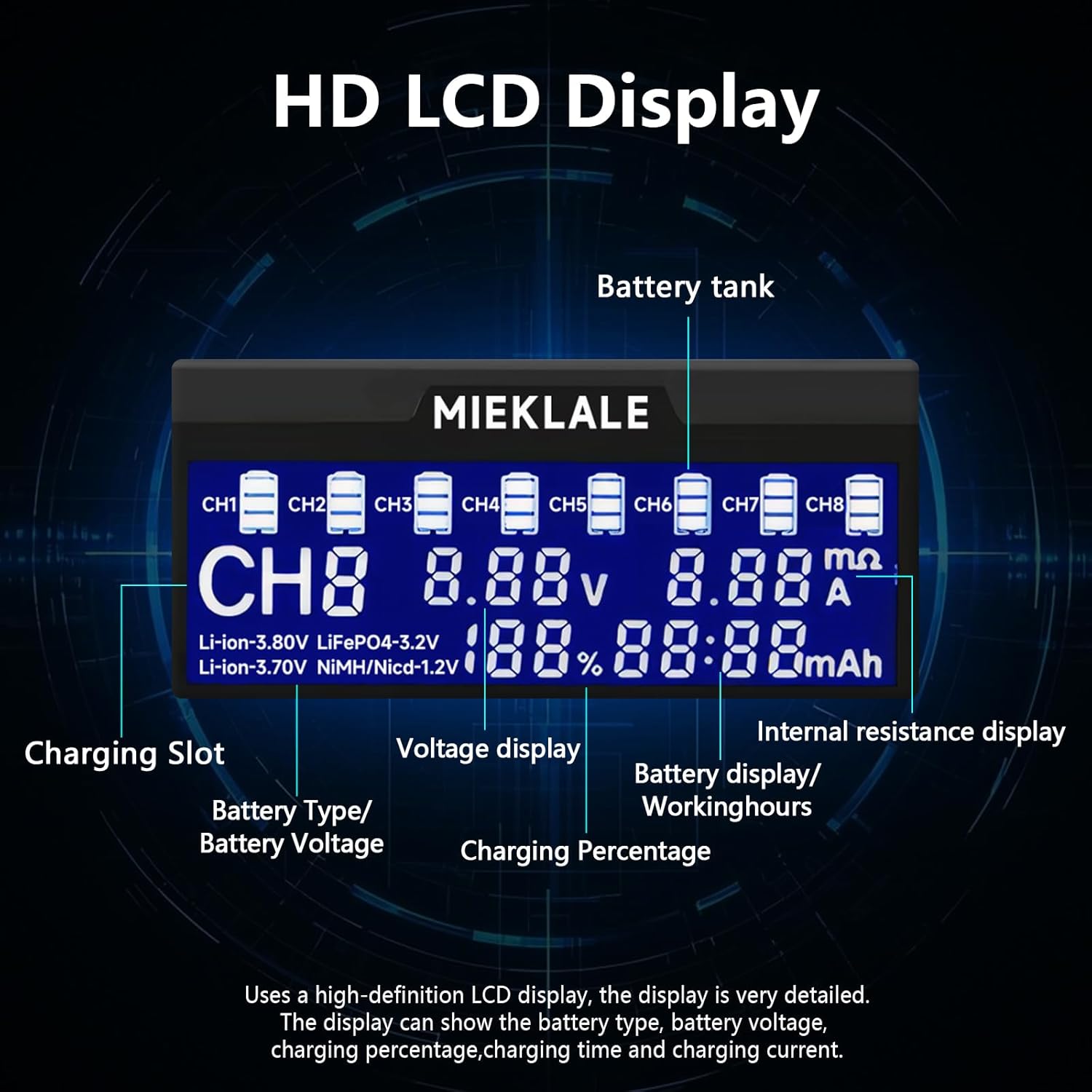 18650 Battery Charger, MIEKLALE 8+2 Bays Smart Universal Battery Charger with LCD Display for Rechargeable Batteries Li-ion LiFePO4 RCR123 16340 26650 10440 14500 & 9V, NiMH NiCd AAA AA(8+2Slots) - Image 5