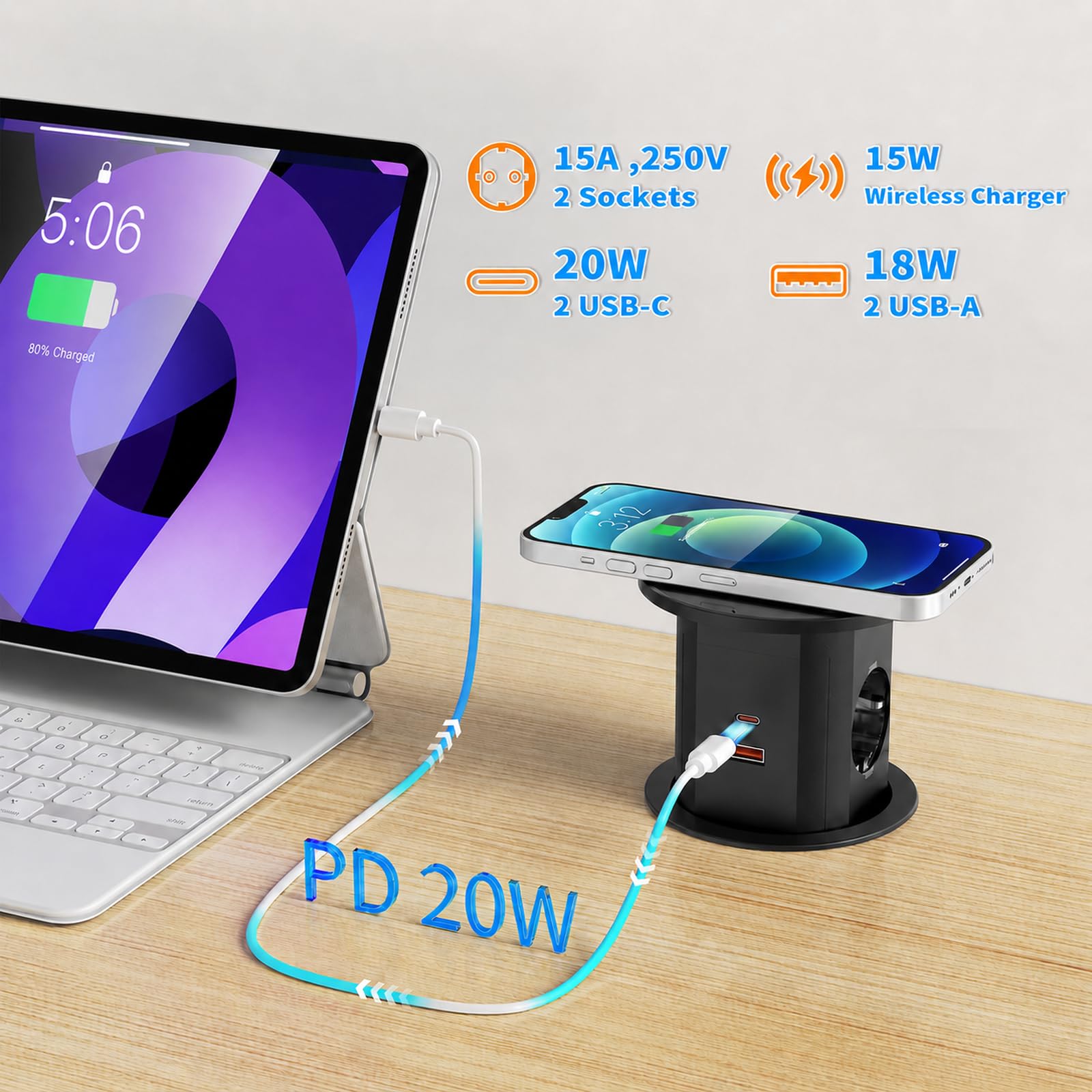 Versenkbare Steckdose mit 15W kabellosem Laden, USB-C PD 20W, Ø85 mm | 2 Schuko, 2 USB-C, 2 USB-A je 18W, Überlastschalter, 1,9 m Kabel, für Schreibtisch, Küche und Arbeitsplatte