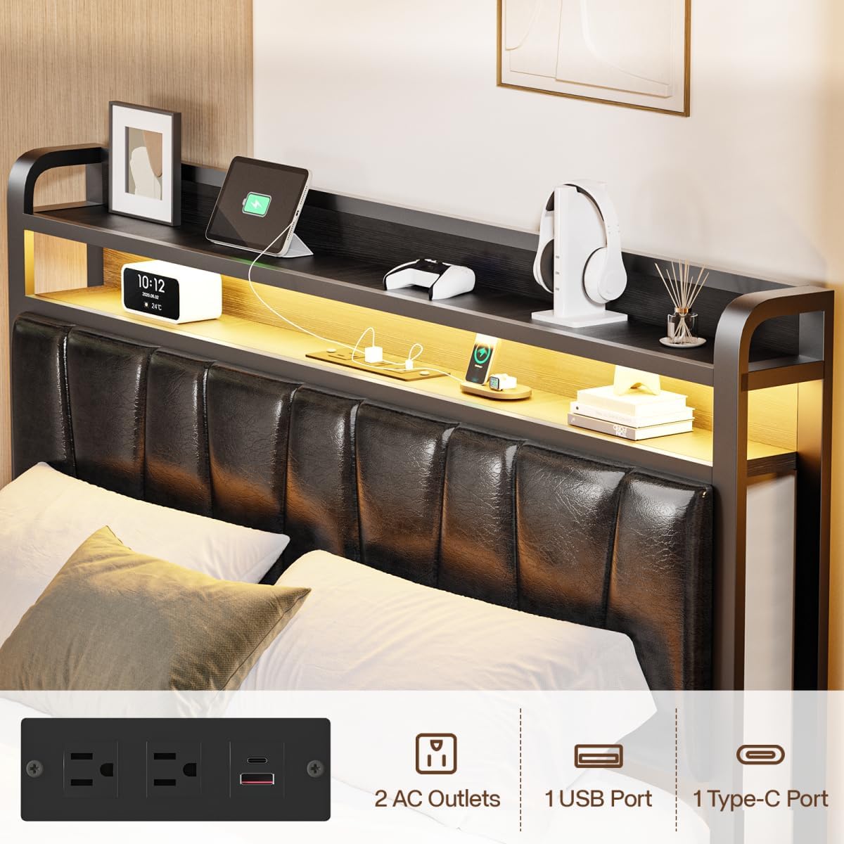 OtevehdeQueen Size Bed Frame with 2-Tier Storage Shelves, LED Bed Frames with PU Leather Headboard, Metal Platform Bed with Charging Station, Noise Free, No Box Spring Needed, Easy Assembly, Black