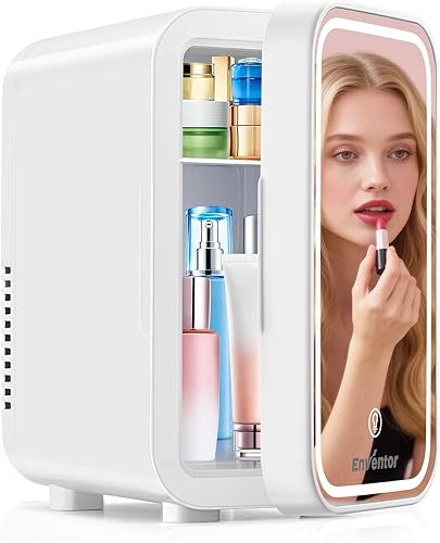 Enventor Mini refrigerador para el cuidado de la piel, refrigerador pequeño para dormitorio, refrigerador de belleza para maquillaje con espejo LED