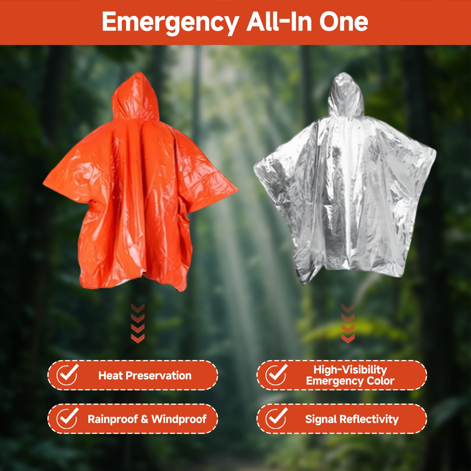 4 Piezas Poncho de Supervivencia, para Camping, Senderismo, Viajes y Primeros Auxilios, Manta Térmica de Emergencia Impermeable y Reversible con Capucha, Retiene el Calor