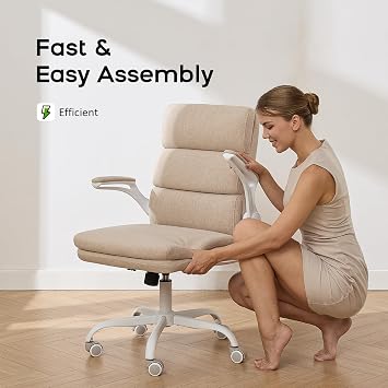 LukkDys Ergonomic Office Chair with 3-Stage Back Support, Executive Fabric Desk Chair with Flip-up Armrests, Adjustable Height & Swivel Computer Chair for Home Office, Beige