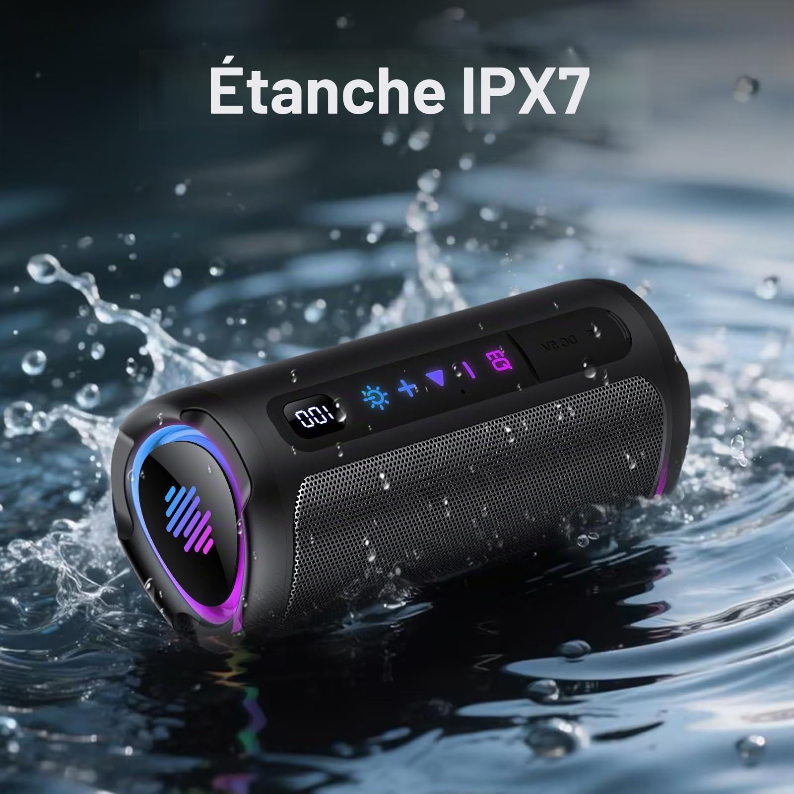 aowoka Enceinte Bluetooth Puissante sans Fil avec Lumière LED, Écran Numérique Haut-Parleur Portable 20W, Basses Améliorées, Autonomie 20H, Bluetooth 5.4, Étanche IPX7, pour Voyage/Sport/Fête