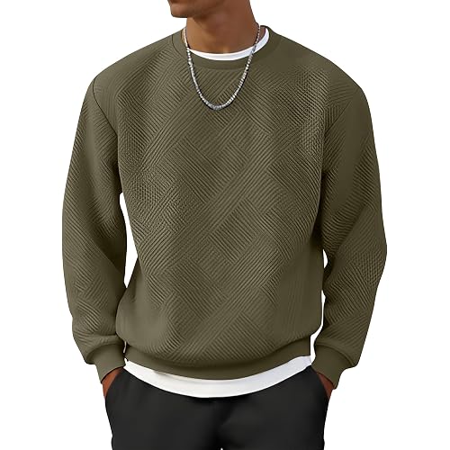 UOUA Men's Crewneck Sweatshirt Jacquard Texture Pullover Casual Long Sleeve Shirt for Fall Winter