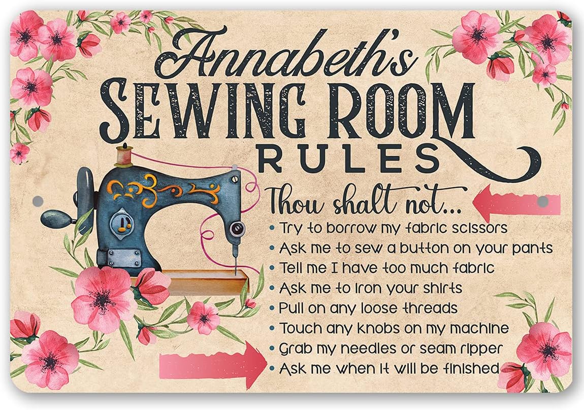 Personalized Sewing Room Rules - Great Sewing Accessories and Craft Room Decor, Quilting Supplies and Gift for Quilters, Seamstresses and Sewers, 8x12 or 12x18 Indoors or Outdoors Durable Metal Sign