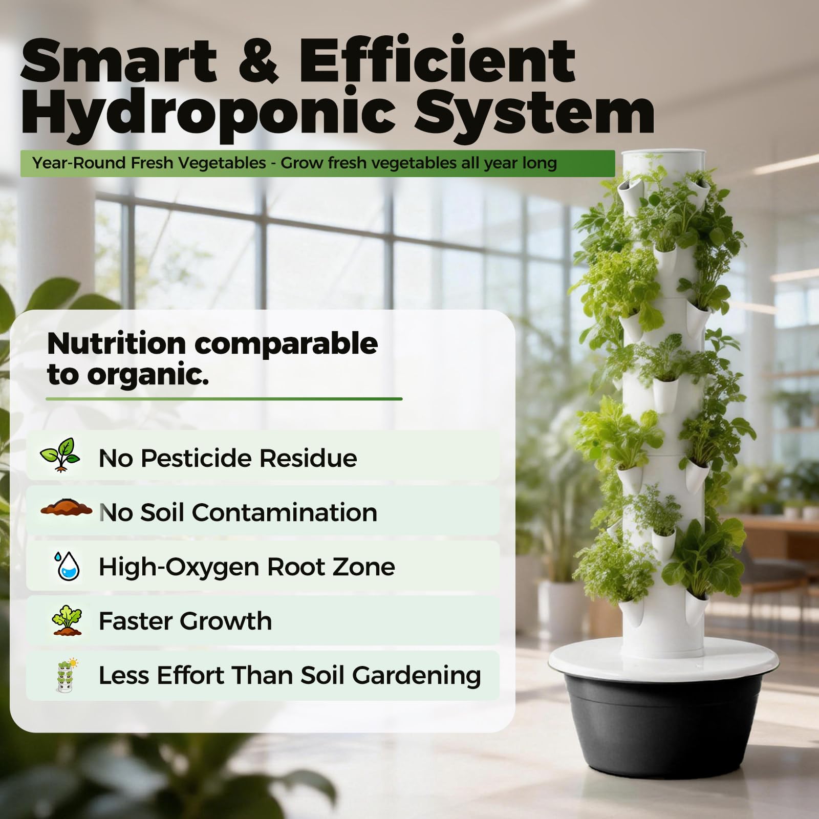 Pionowa wieża hydroponiczna do użytku w pomieszczeniach, 9-poziomowy system o pojemności 36 roślin, inteligentny timer, zbiornik na wodę 30 l, idealna do ziół, warzyw i owoców