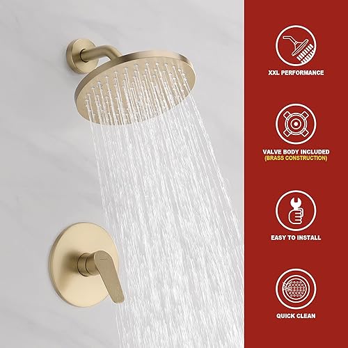 Miniatura 2 de Juego de grifo de ducha dorado cepillado, cabezal de ducha de lluvia de 8 pulgadas y mango con válvula de latón macizo, kit de molduras de ducha de