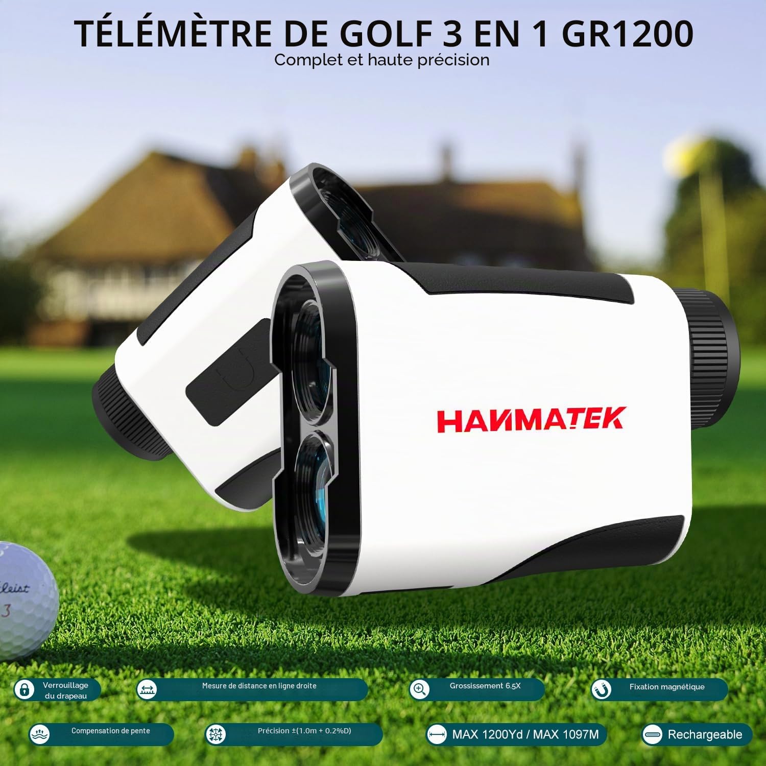 HANMATEK GR1200 Télémètre de Golf avec Mesure d'inclinaison, Fonction de Verrouillage du Drapeau et Alarme vibrante, grossissement 6,5X, portée 1200 Yards, Batterie Rechargeable pour Homme et Femme