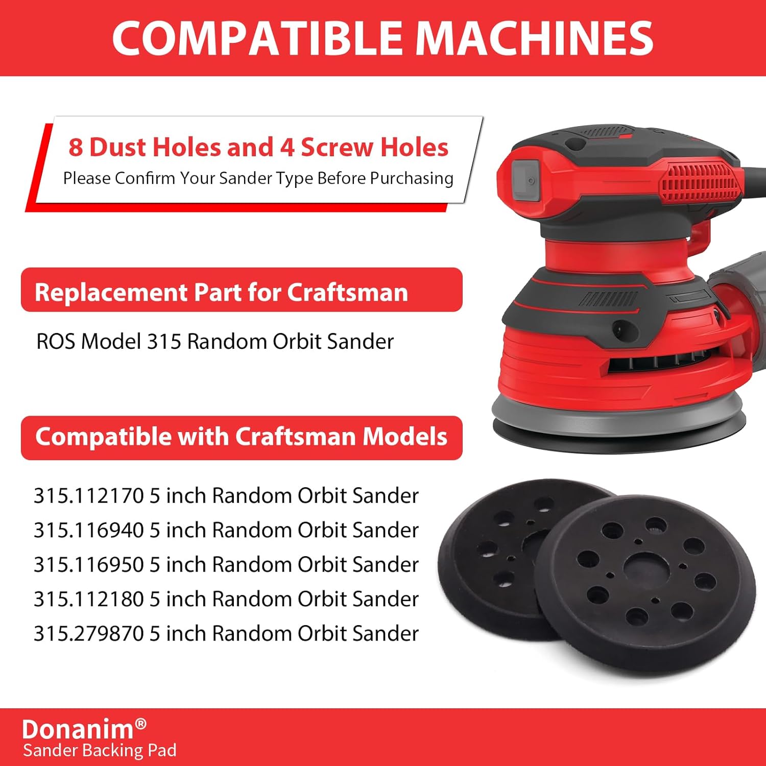 2 Pack Sander Pad Compatible with Craftsman, 5 Inch 8 Holes Hook and Loop Orbital Sander Backing Pad for 315.112170 315.116940 315.116950 315.112180 315.279870 ROS Model 315 Random Orbital Sander