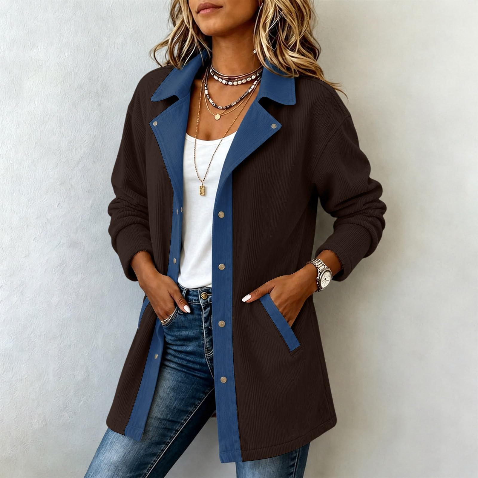 EMATOP Cordjacke Damen Lang Übergangsjacke Langarm Revers Denim Hemdjacke