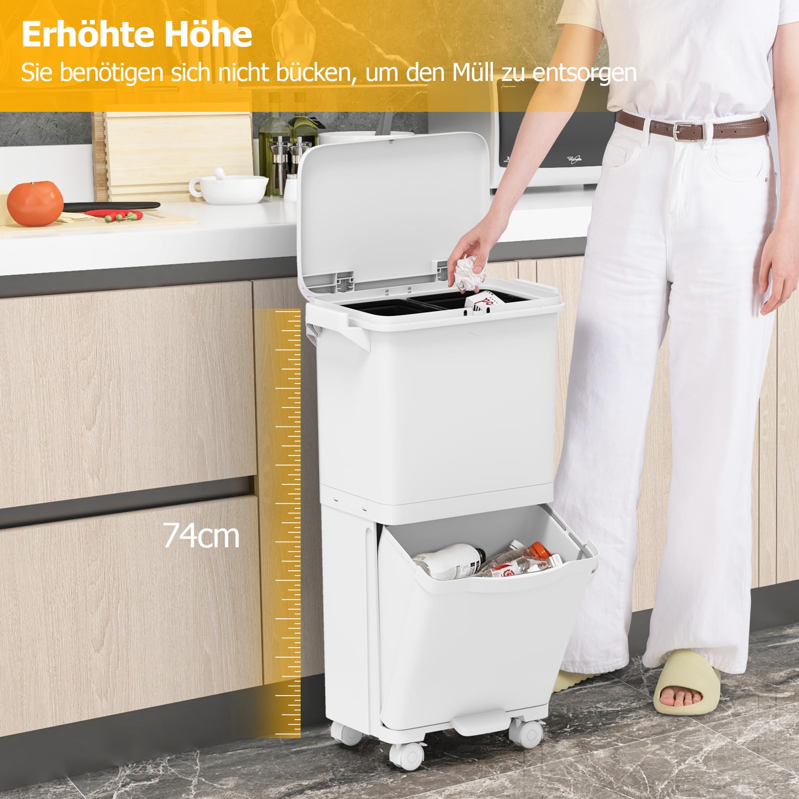 GOPLUS Mülleimer 3 Fächer, 36 L Abfalleimer Küche mit Rollen, Tretmülleimer mit 2 herausnehmbaren Behältern, seitliche Griffe & Aufkleber, Mülltrennsystem mit Deckel für Badezimmer, Küche, Büro, Weiß
