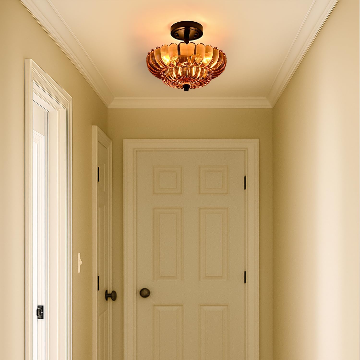 Semi Flush Mount Ceiling Light Fixture, Amber Glass 3-Light Modern Vintage Ceiling Lights, Scalloped Close to Ceiling Light, Black Base Flush Mount Ceiling Light for Hallway Bedroom Entryway Kitchen