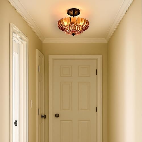 Miniatura 4 de Lámpara de techo semiempotrada de cristal ámbar, 3 luces de techo vintage modernas, festoneadas cerca del techo, luz de techo empotrada con base