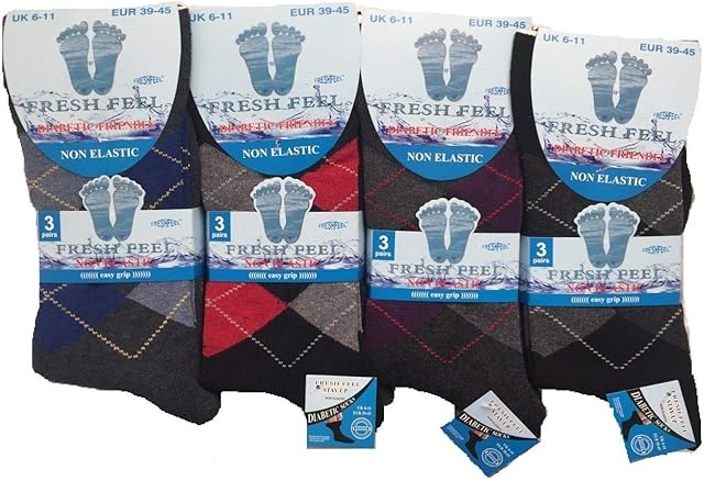 6 PAIRS NON ELASTIC DIABETIC MEN'S EASY GRIP LOOSE SOFT TOP CLASSIC RICH COTTON SOCKS