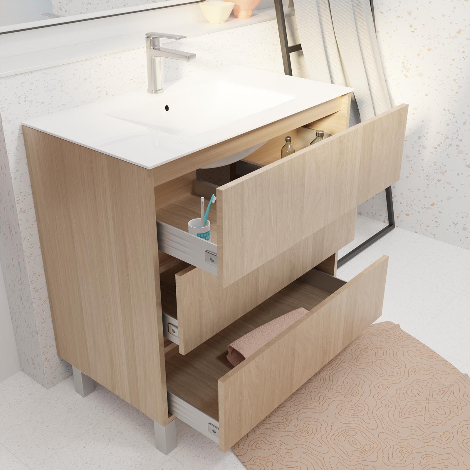 AURLANE Pack Meuble Salle de Bains 80 cm Chêne Clair, 3 tiroirs avec Vasque Céramique - Xenos