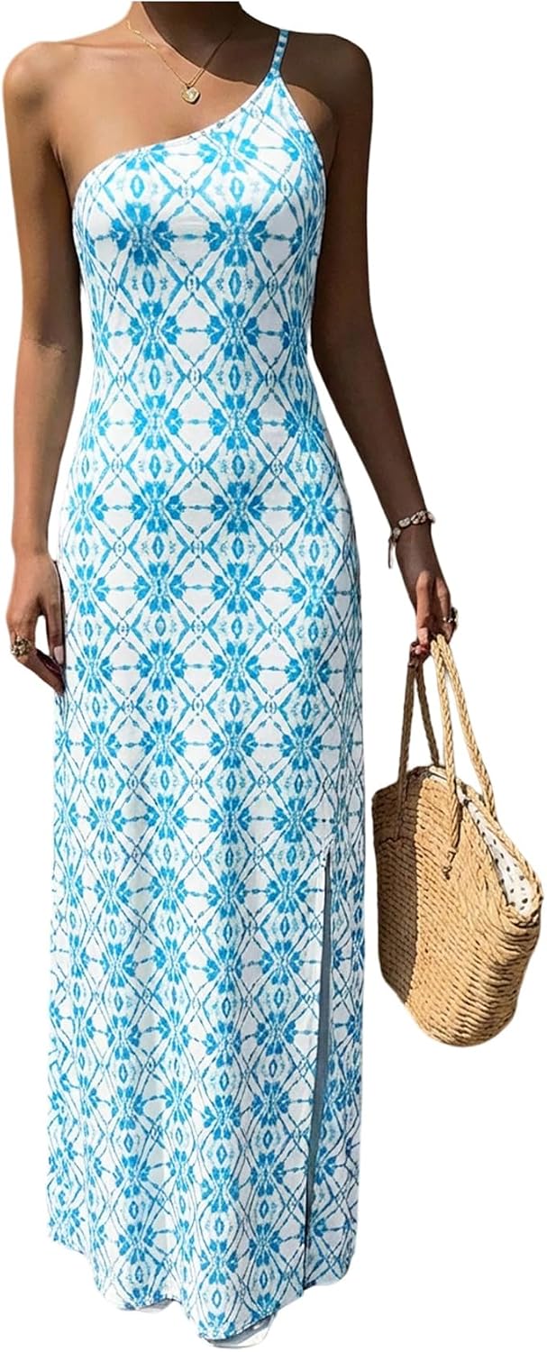 Floerns Women's Graphic One Shoulder Boho Maxi Dress Sleeveless Slit Beach Dresses