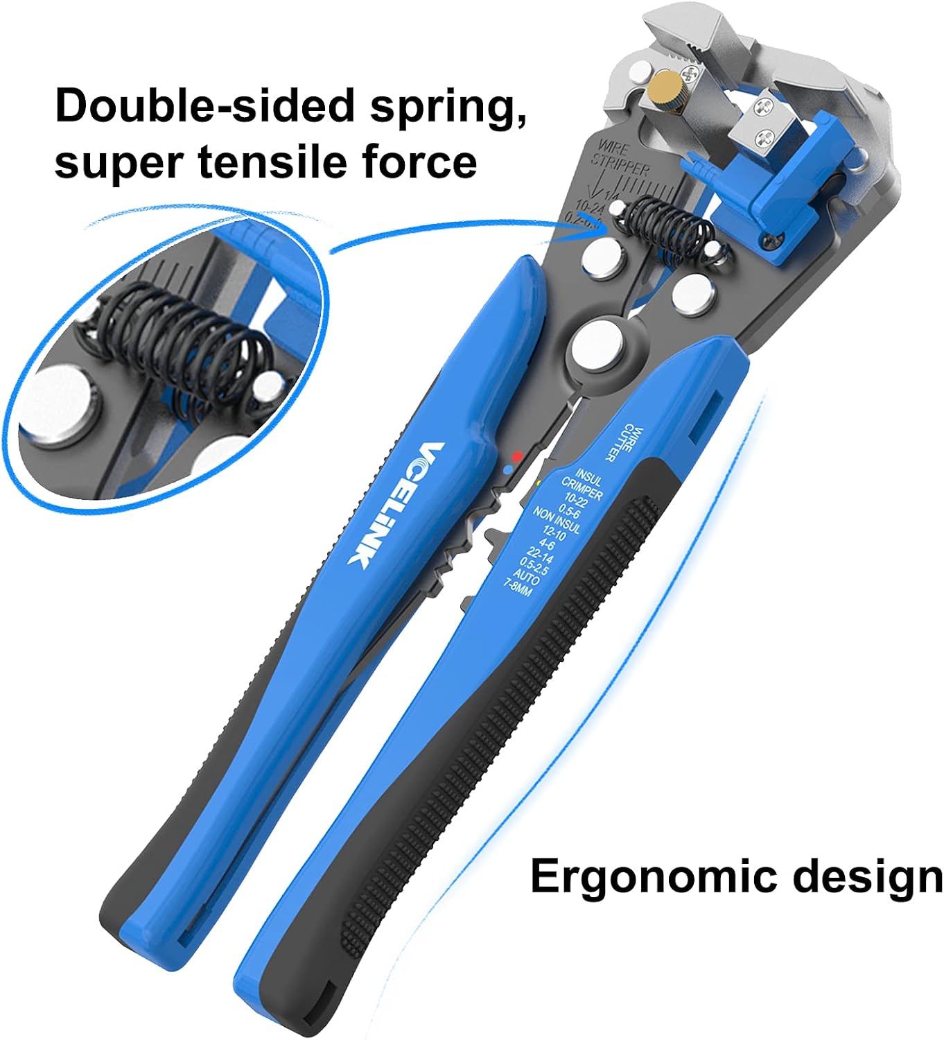 VCELINK Automatic Wire Stripper Tool, Self Adjusting 3 in 1 Wire Cutter Crimper for 24 AWG to 10 AWG Electrical Wire Stripping, Cutting and Crimping (Blue) 8-Inch