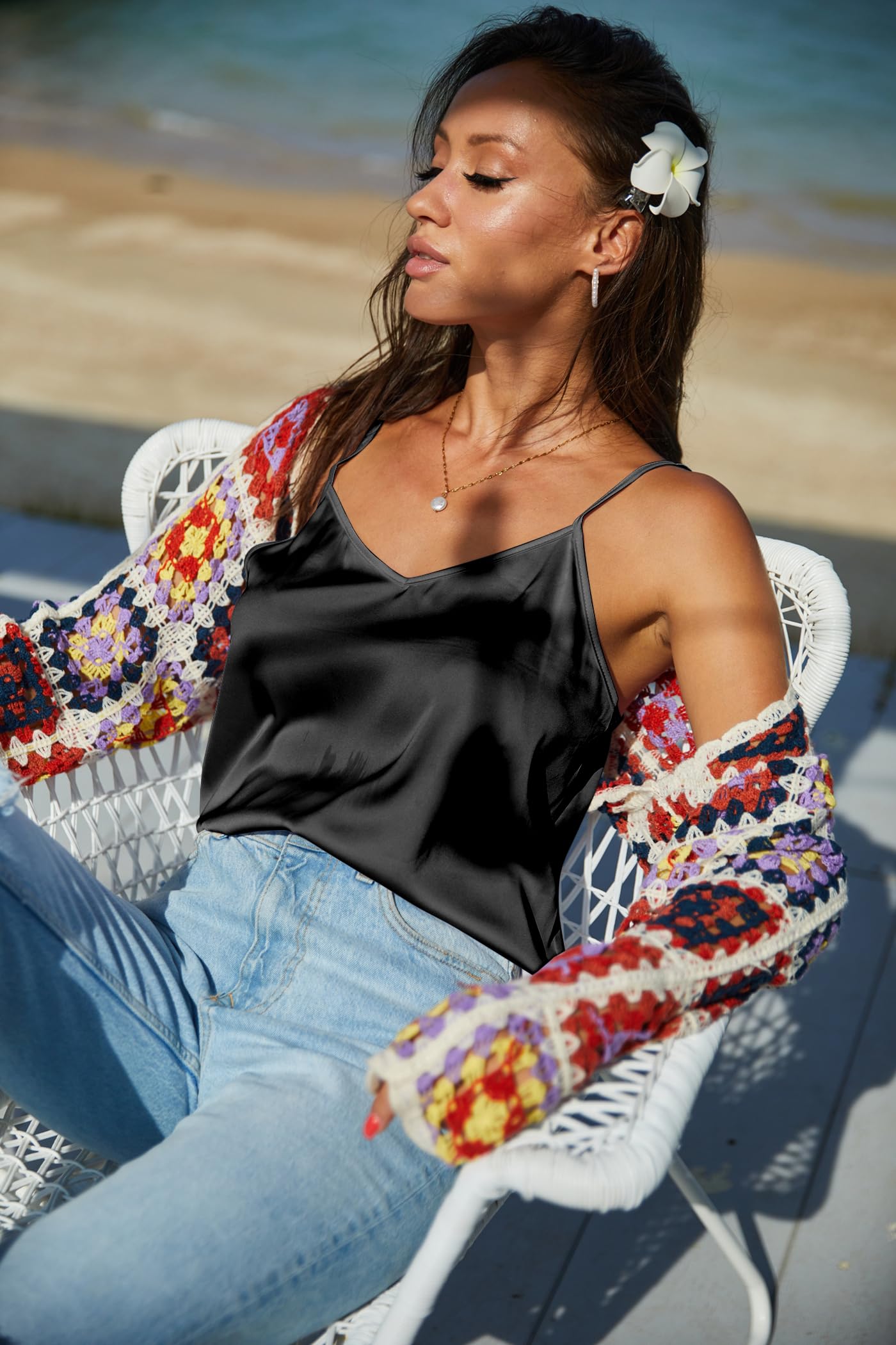 Ekouaer Womens Satin Tank Tops 2 Pack Silky Camisole V Neck Spaghetti Strap Blouses Sleeveless Cami Shirt