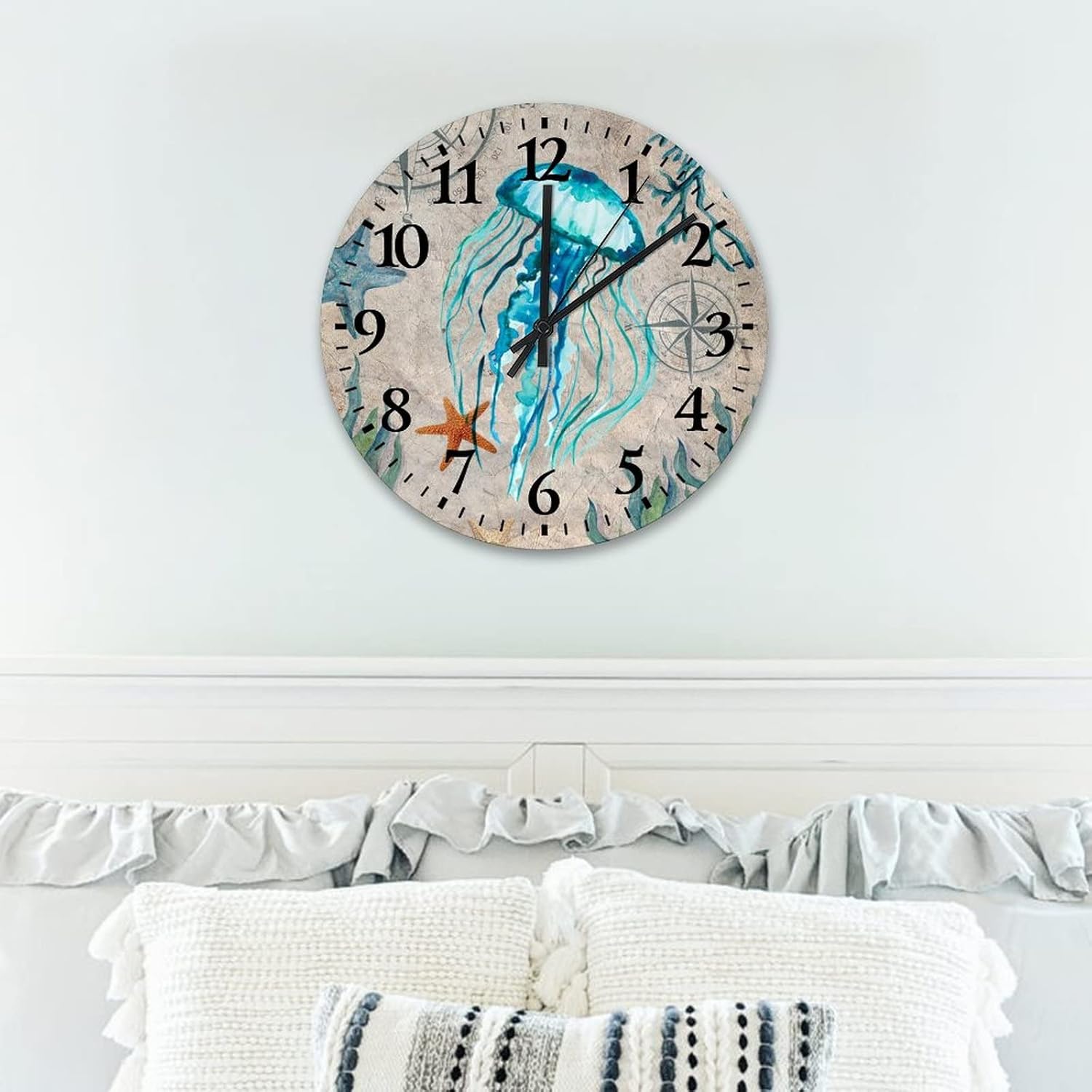 Clocks Jellyfish Clocks for Living Room Decor Quartz Movement Arabic Numbers Novelty White and Blue Starfish and Seashell Round Clock for Dining Room Decor 15 Inch
