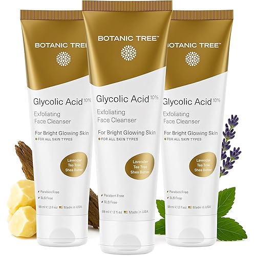 Botanic Tree Lavado facial de ácido glicólico tamaño de viaje (paquete de 3) - Limpiador exfoliante facial con 10% de ácido glicólico, orgánico