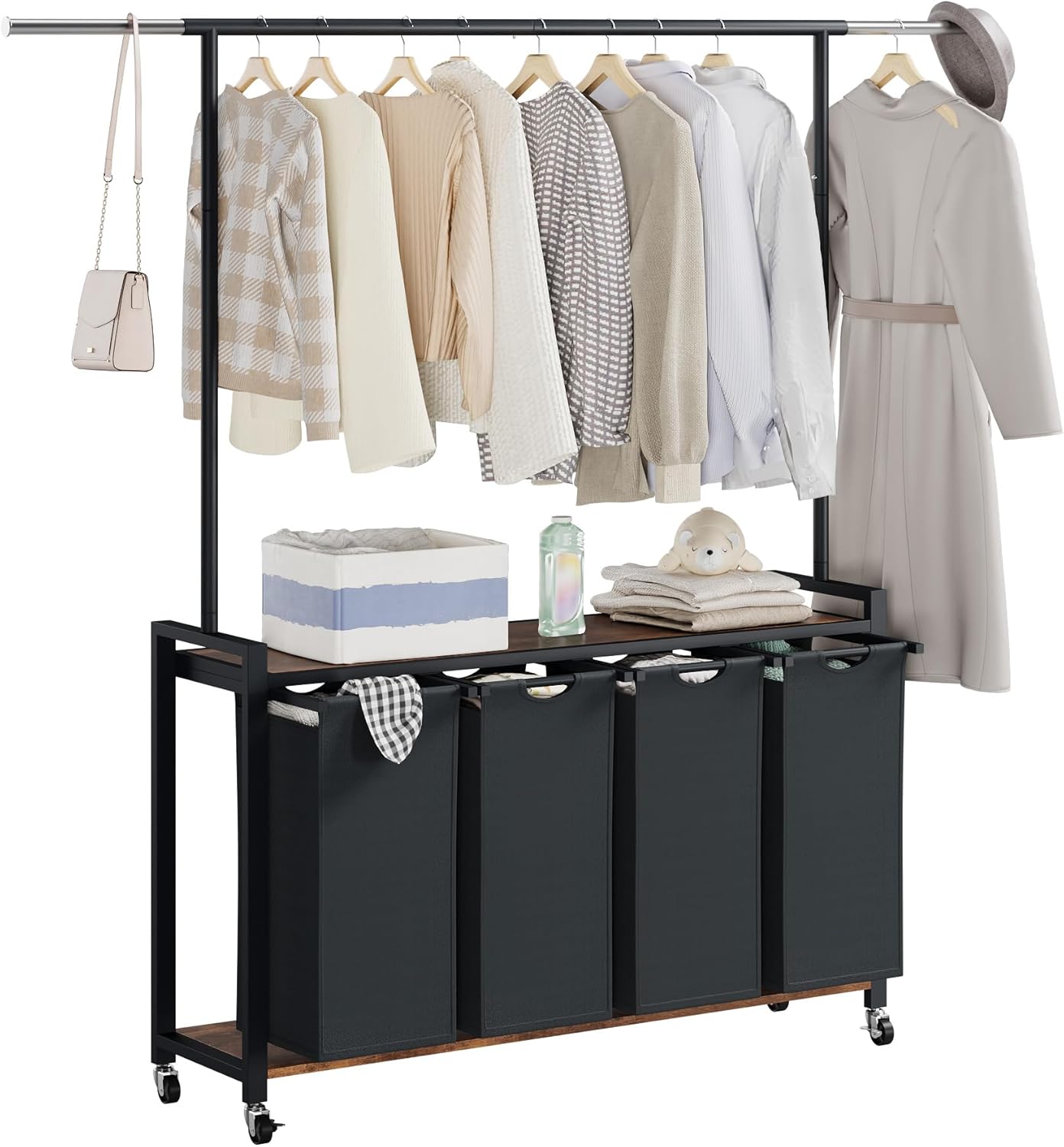 Laundry Basket Organizer, 2 Section Laundry Sorter with Lockable Wheels, Rolling Laundry Hamper with Hanging Rack & Shelf, Folding Station for Laundry Room, Bedroom, Bathroom, Dorm, Closet Storage