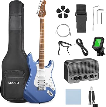 LEKATO Electric Guitar Kit Beginner 39 Inch Full Size Solid Body Guitar HSS for Starter Roasted Maple Neck Fretboard Stainless Steel Frets, 5W Mini Amp, Bag, Tuner, Capo, Strap, String, Picks- Blue