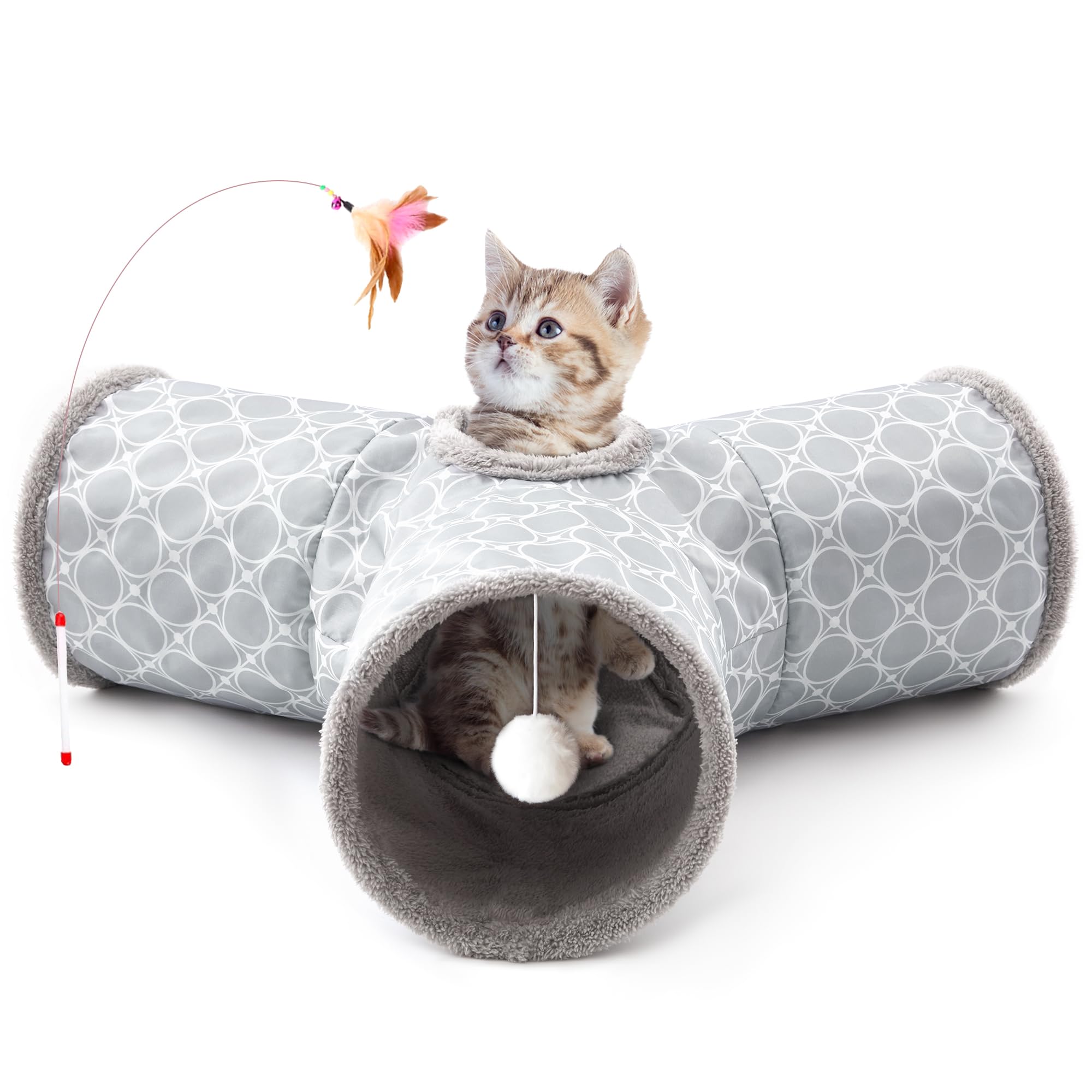 Tempcore Pet Cat Tunnel Tube Cat Toys 3 Way Collapsible, Cat Tunnels for Indoor Cats Fleece-Lined in for Warmth，Kitty Tunnel Bored Pet Toys Peek Hole