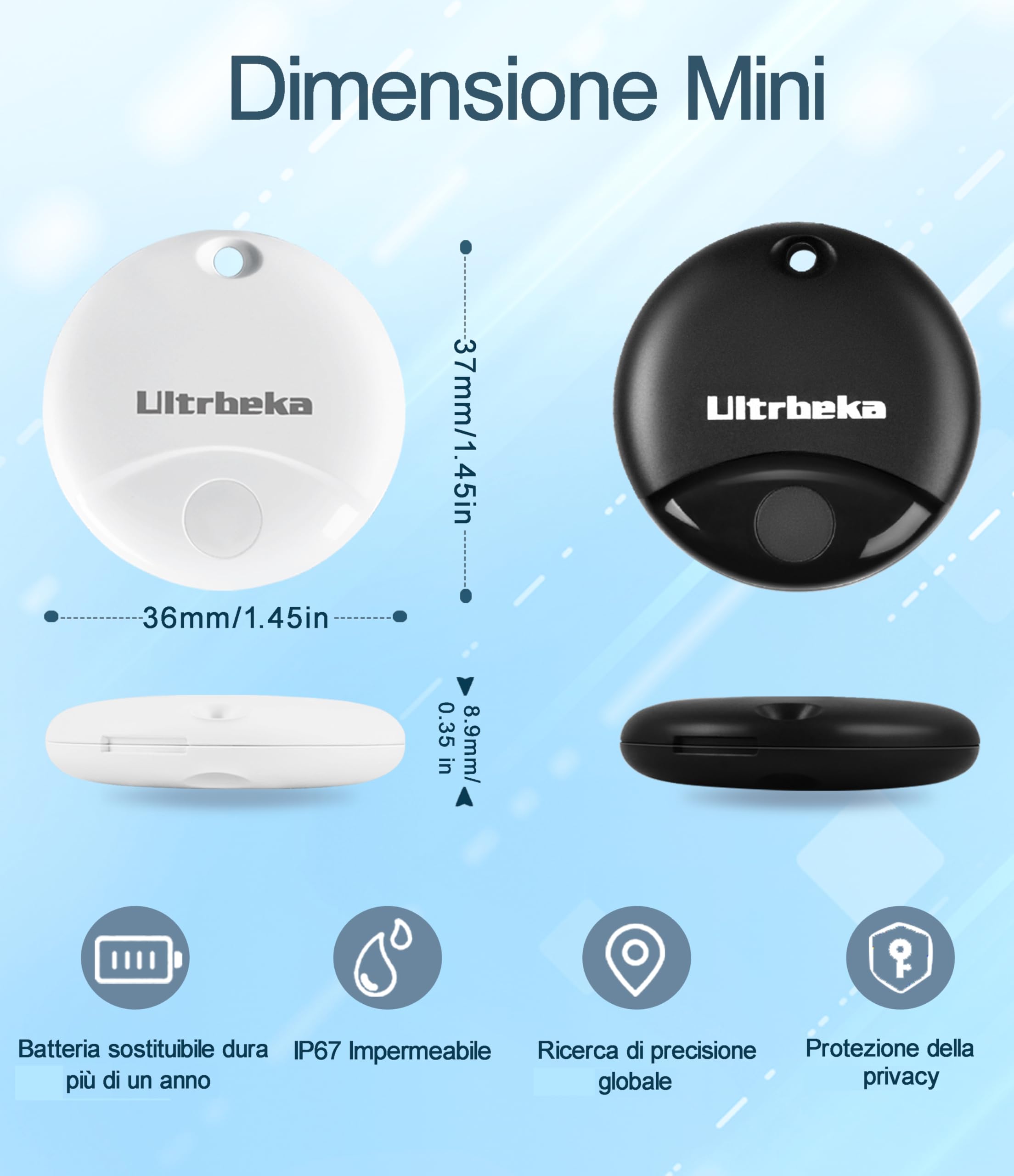 Ultrbeka Air Tag Localizzatore, Tracker Tags 2 pezzi, Compatibile con Apple Dov'è (solo iOS), Trova Oggetti e Chiavi, Bagagli, Valigie, Impermeabile IP67, Batteria Sostituibile(Non supporta Android)