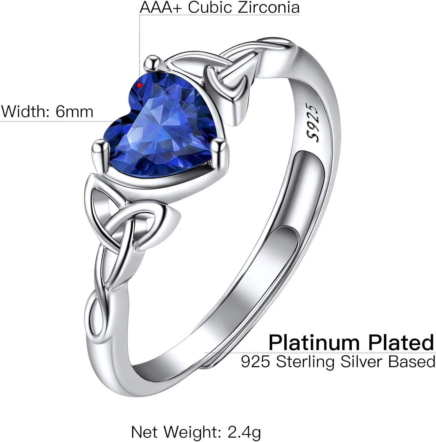Suplight 925 Sterling Silver Claddagh Heart Birthstone Ring for Women, Delicate Adjustable Irish Ring, Celtic Twisted Knot Promise Engagement Jewelry Graduation Gifts