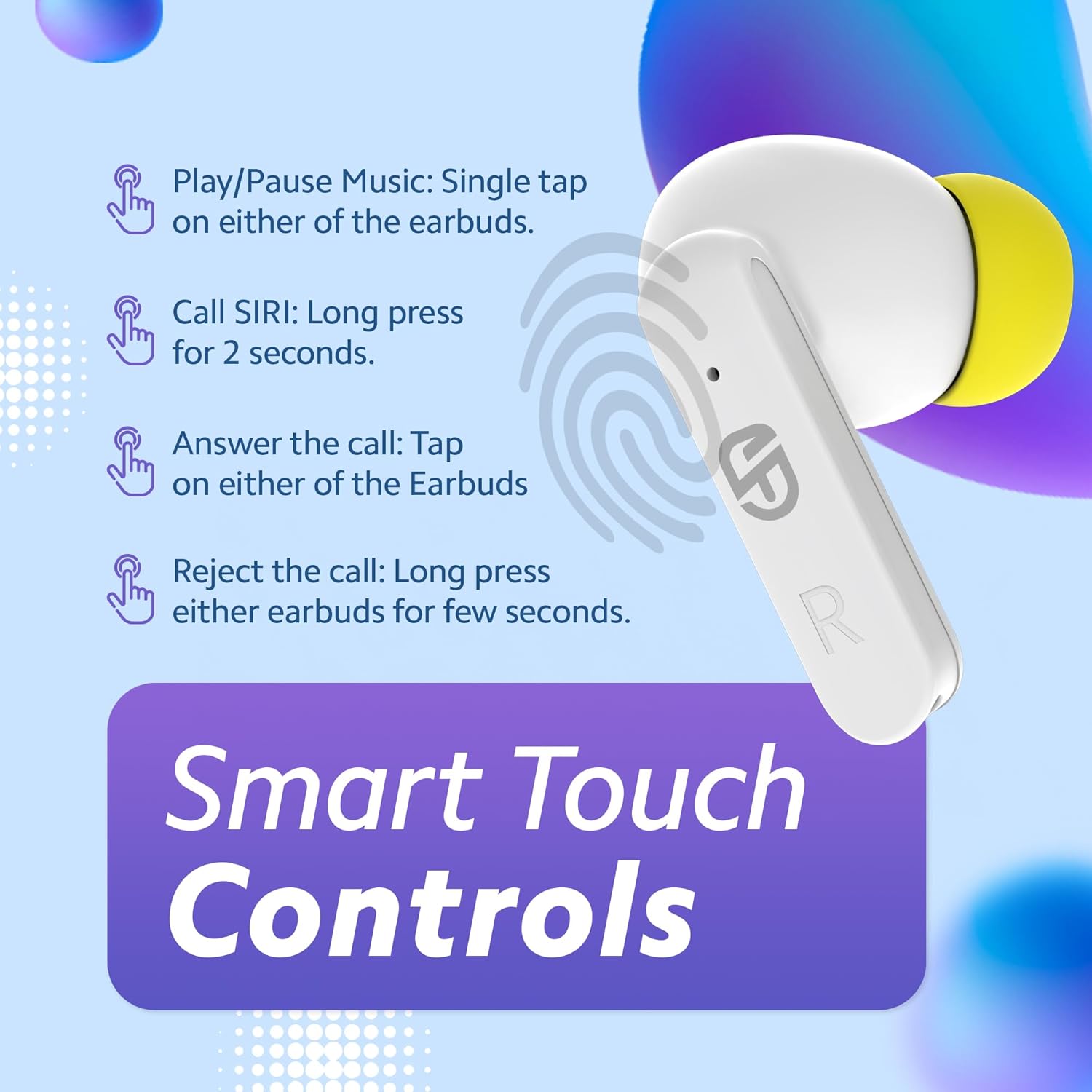Diagram showing smart touch controls for SnapUp Snapods S510 earbuds.