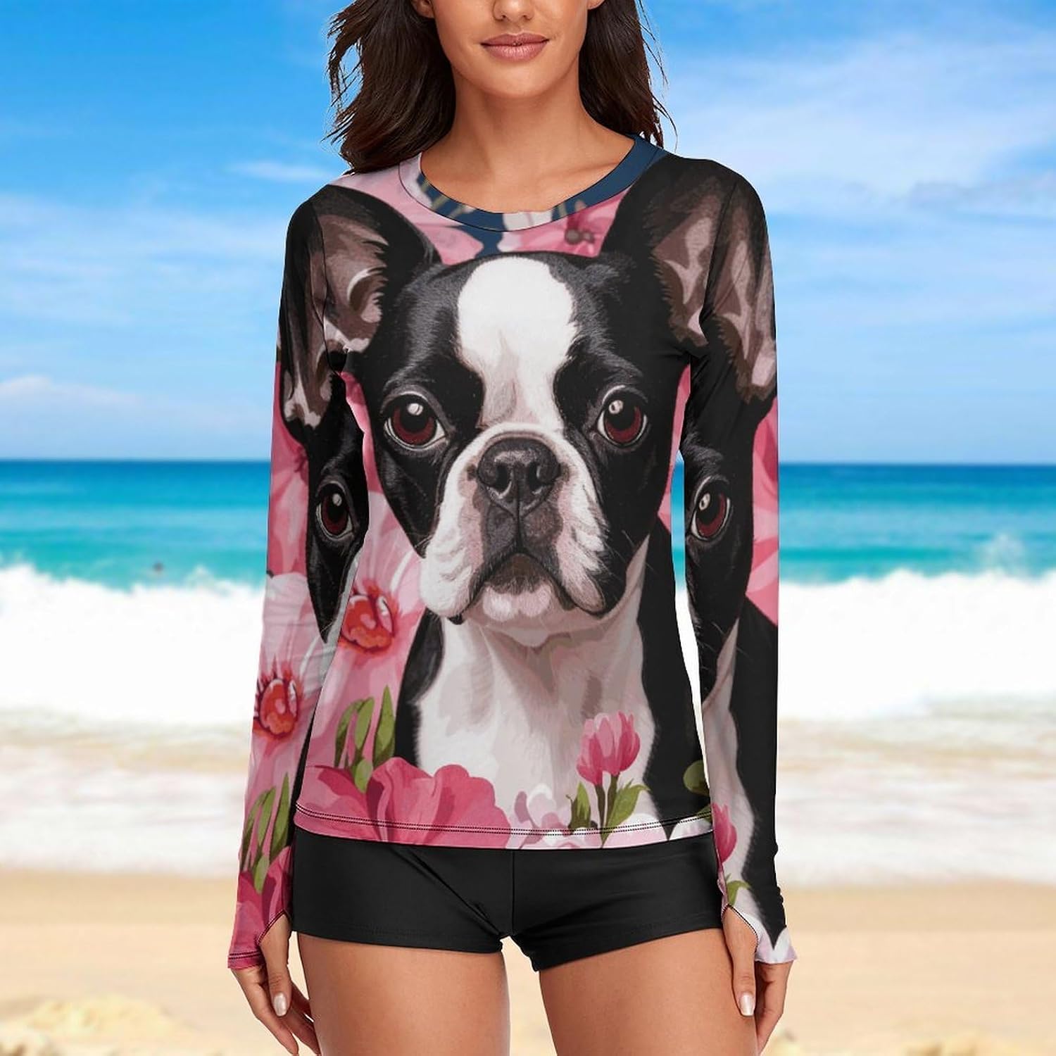 French Bulldog Rash Guard for Women UPF 50+ UV Sun Protection | Long Sleeve Workout Top Quick Dry Athletic Hiking Shirt Moisture Wicking Swim Shirt for Running, Cycling, Swimming