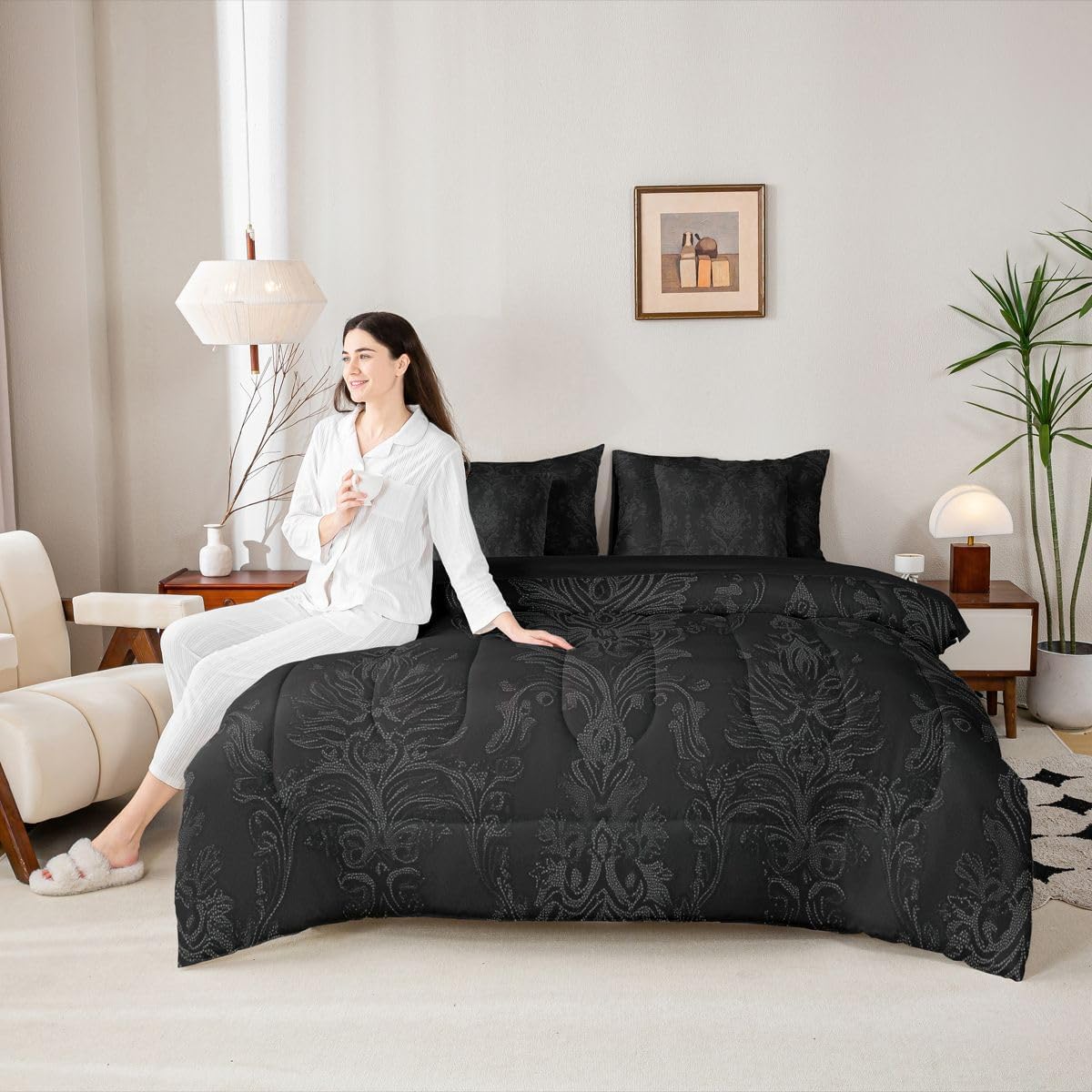 Erosebridal Adults Black Damask 7 Piece Bedding Set Queen Exotic Antique Victorian Comforter Set Bohemian Baroque Gothic Comforter Bedroom Decor Vintage Floral Bed in A Bag with Flat and Fitted Sheet