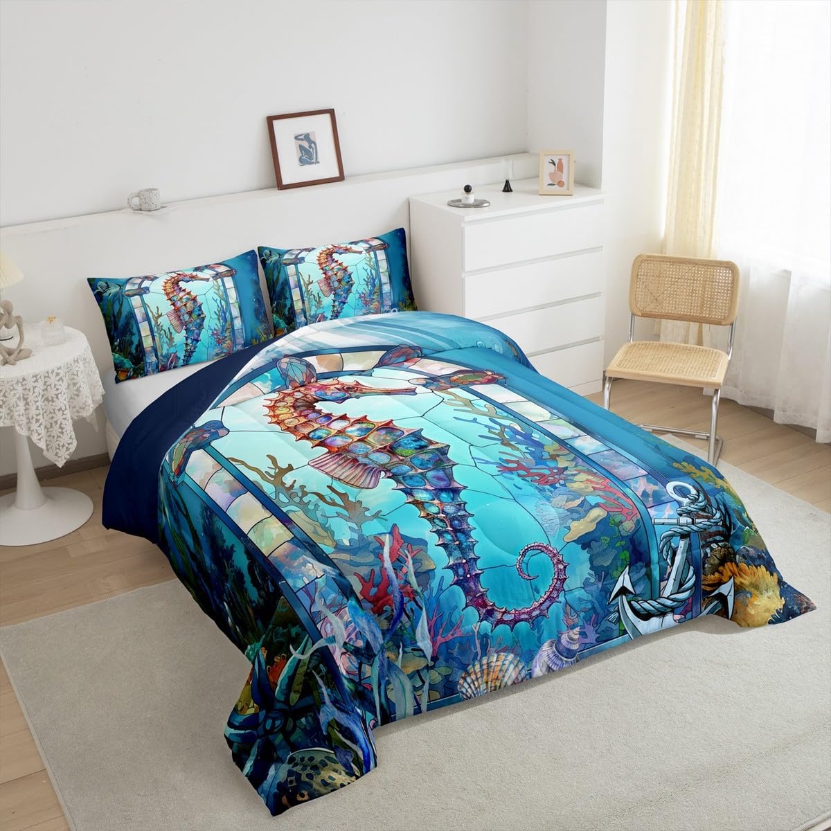 Feelyou Seahorse Bedding Set Boys Girls Queen Size Ocean Creature Themed Comforter Set Ultra Soft Sea Underwater World Comforter Marine Life Sealife Duvet Set Aquatic Animal Printed Quilt Set