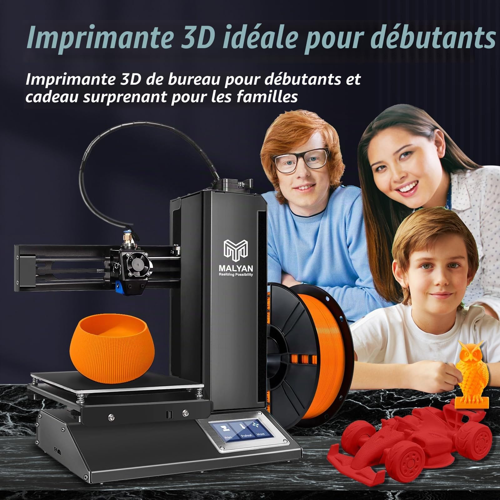 MALYAN M320 Mini imprimante 3D - Imprimante 3D entièrement assemblée pour Les Enfants et Les débutants, Out of The Box, Carte microSD avec modèles 3D imprimables, Taille d'impression 150x150x150mm