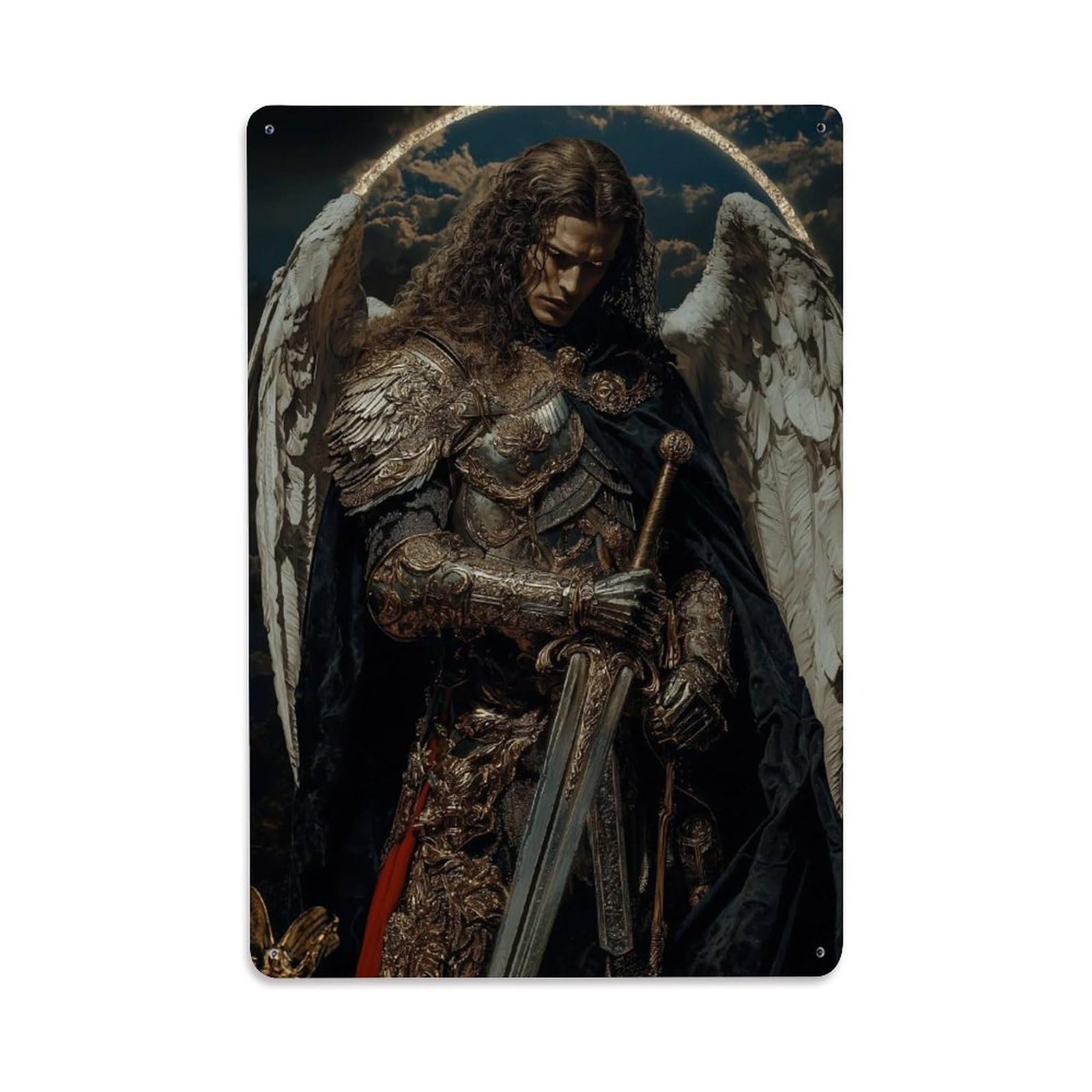 Catholic Temple Knight Saint Archangel Michael Animal Portrait Metal Tin Sign Plaque Wall Decor for Cafe, Man Cave, Club Bar, Office, Home Garden Round Metal Poster 8x12Inch