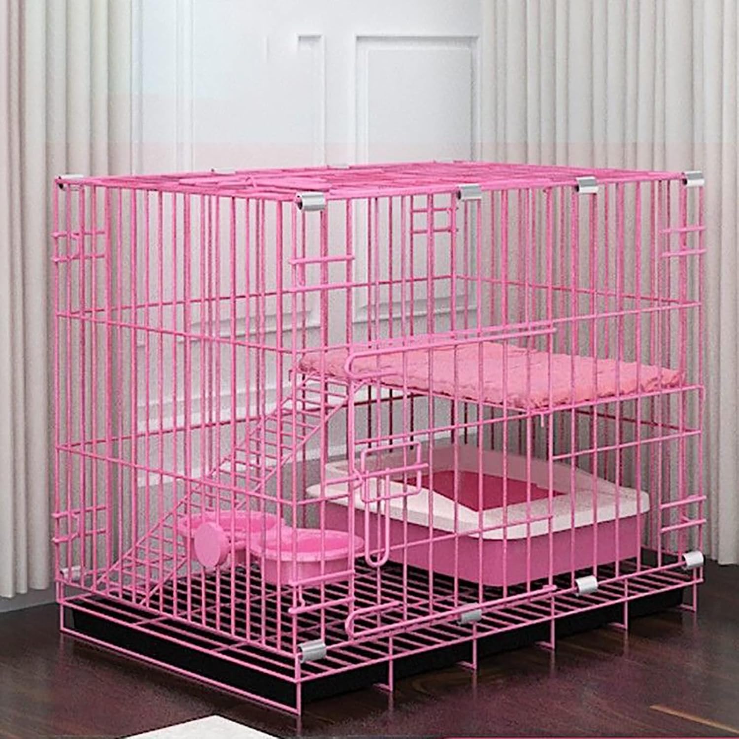 Collapsible Kitten Cat Home Cages Metal Wire Pet Cat Playpen Crate Enclosure Kennelpet Cage with Cleaning Tray for Indoor Or Outdoor Use 3 Colors,A-59x42x50CM-Pink