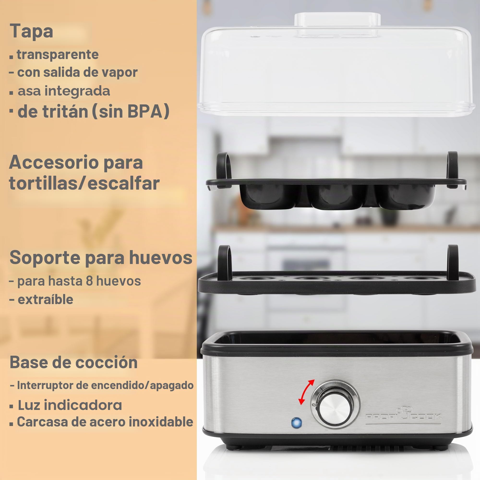 Cocedor de huevos ProfiCook® para hasta 8 huevos | función tortilla/picado | soporte para huevos y vaso medidor con recogedor de huevos | con indicador luminoso y zumbador | PC-EK 1275